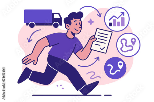 Fleet Management Oversight. Fleet management. Driver submitting log for fleet tracking; floating icons of