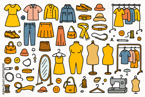 Colorful Wardrobe Doodles. Inclusive wardrobe. Hand-drawn doodle illustration dresses (colored), shirts (colored), pants (colored), skirts (colored), jackets