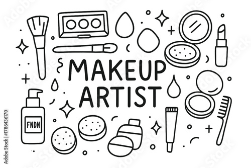 Doodle Makeup Tools. Makeup Artist. Hand-drawn doodle illustration of Makeup Artist. brush, palette,