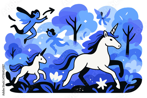 Magical Glade Creatures. Enchanted glade. Glowing magical creatures such as unicorns and sprites wandering