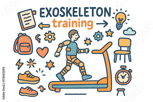 Exoskeleton Training Doodle. Exoskeleton training. Hand-drawn doodle illustration of exoskeleton training.
