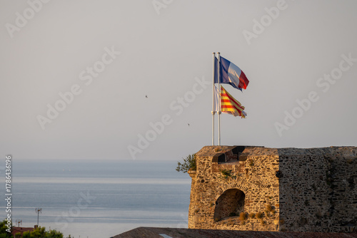 Fototapeta Naklejka Na Ścianę i Meble -  Old fortress in Collioure, narrow streets and yellow, pink, orange houses, summer vacation destination town with historical buidings and beaches, Pyrenees-Orientales, France