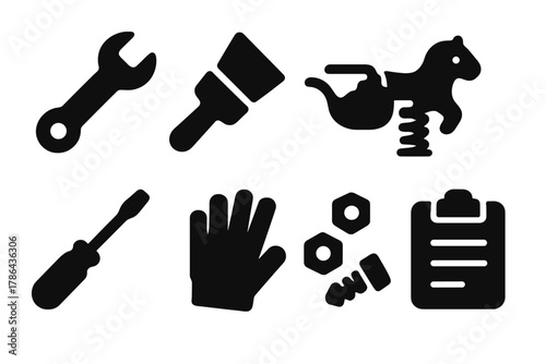 Playground Maintenance Icons. Playground maintenance. Filled icon set of playground maintenance: wrench, paint