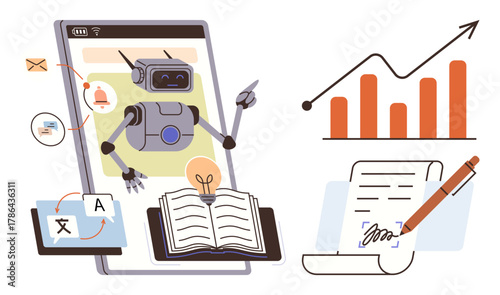 Robot on screen helps with study, translation tools, report drafting, and data visualization. Ideal for education, AI, productivity, learning innovation research technology. Simple flat metaphor