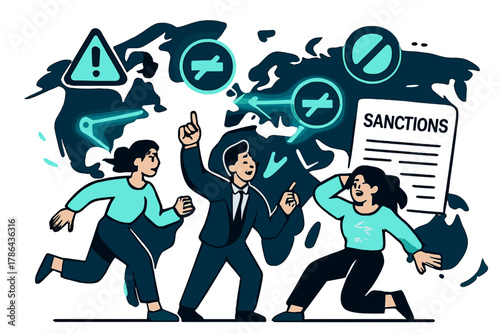 Dynamic Trade Sanctions Scene. Sanctions. Glowing blocked trade routes between abstract countries, floating