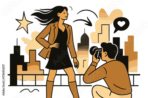 Rooftop Fashion Vibes. Outdoor fashion shoot. Model posing on city rooftop with wind-blown hair and