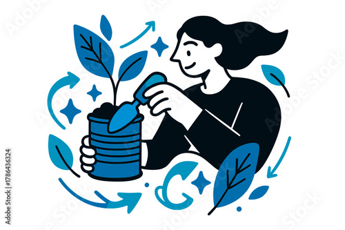 Creative Upcycled Planters. Upcycling and creative reuse of materials. Person making planters from old cans with abstract floating leaves, arrows,