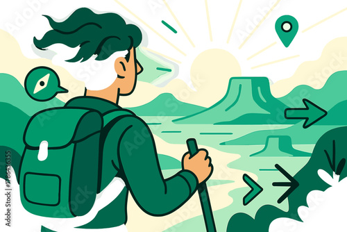 Adventurous Desert Vista. Hiker?s perspective. Over-the-shoulder view of person gazing at desert valley;