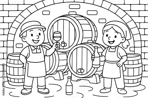 Wine Cellar Illustration. wine cellar with barrels children?s coloring book illustration, outlined drawing, a cozy wine cellar with big barrels and happy wine