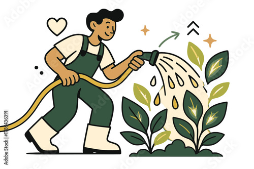 Dynamic Plant Watering. Gardening and plant care. Person watering plants with hose; drops forming soft arcs