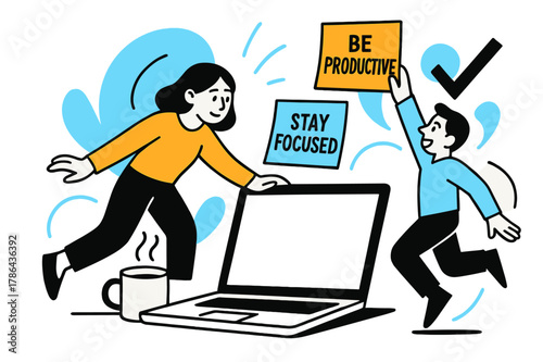 Productivity Workspace Vibes. Boosting productivity. A simple, modern scene featuring a laptop, a cup of coffee, and a few colorful sticky notes with inspiring