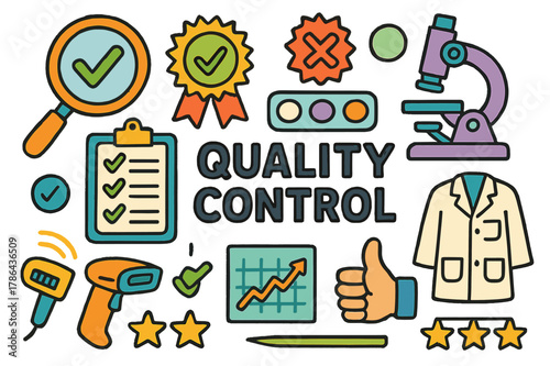 Quality Control Doodles. Quality control. Colorful Hand-drawn doodle Children illustration Quality control magnifying glass, clipboard, checkmarks, defect
