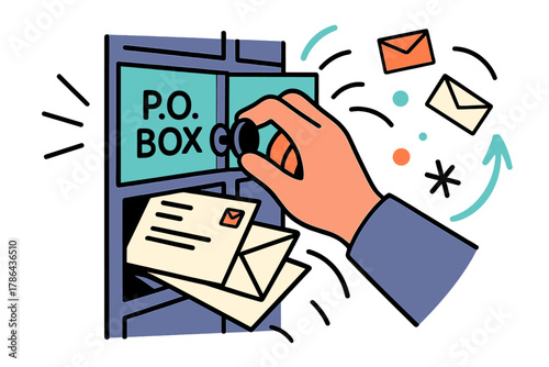 Retrieving Mail Motion. Mailbox access. Hand turning the knob of a PO box door; motion lines and floating