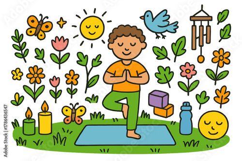 Outdoor Yoga Harmony. Outdoor yoga garden. Colorful Hand-drawn doodle Children illustration Outdoor yoga garden flowers, grass, yoga mat, butterflies, candles,