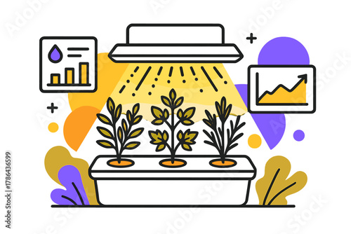 Thriving Indoor Hydroponics. Indoor Hydroponics. Herbs thrive under glowing LED lights in a compact indoor