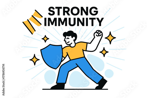 Strong Immunity Illustration. Immune System Support. Sunlight beams strike a figure surrounded by shield and sparkle icons. ?Strong Immunity? glows above