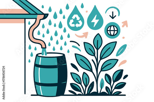 Sustainable Rainwater Harvesting. Rainwater collection. A sleek barrel catches rain from the roof while plants