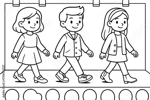 Chic Shoe Runway. Fashion runway shoes children?s coloring book illustration, outlined drawing, models walking