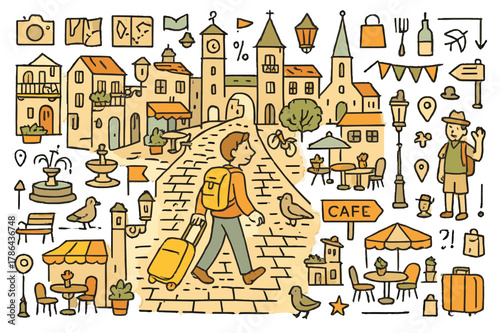 Historic City Adventure. Historic city exploration. Hand-drawn doodle illustration person walking (colored), cobblestone street (colored), historic buildings