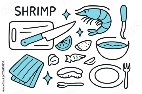 Shrimp Prep Doodle. // Shrimp prep. Hand-drawn doodle illustration Shrimp prep [shrimp (accented), knife (accented), cutting board, lemon wedge (accented),