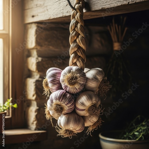 Rustic Braided Garlic Bulbs Hanging Indoors.