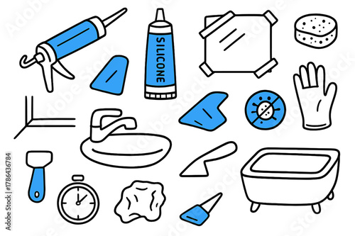 Bathroom Sealing Essentials. // Bathroom caulking & sealing. Hand-drawn doodle illustration bathroom caulking & sealing [caulk gun (accented), silicone tube