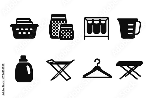 Laundry Icon Set. Laundry organization tools. Filled icon set of laundry organization tools: labeled baskets,