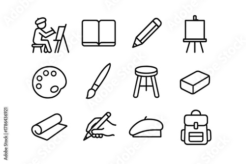 Artist Sketch Icons. Artist sketching. Line outline icon set of artist sketching: sketchbook, pencil, easel,