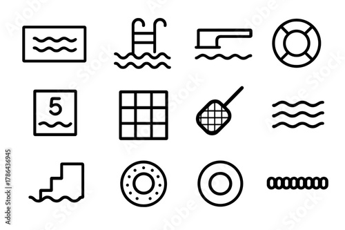 Swimming Pool Icons. Swimming Pool. Line icon set of Swimming Pool: rectangular pool, ladder, diving board, life ring, depth marker, pool tiles, skimmer net,