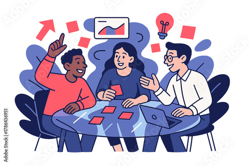 Dynamic Idea Exchange. Brainstorm Session. Colleagues exchange ideas at a glass table, sticky notes and