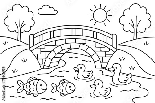 Kids' Coloring Bridge Scene. River bridge embankment children?s coloring book illustration, outlined drawing, a small arched bridge connecting two walkways