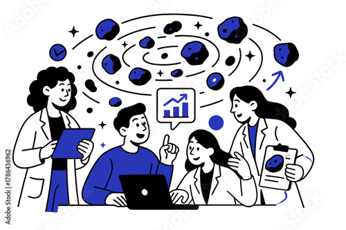 Asteroid Research Teamwork. Asteroid belt studies. Space research team discussing asteroid belt study results with abstract floating orbit lines, asteroids,