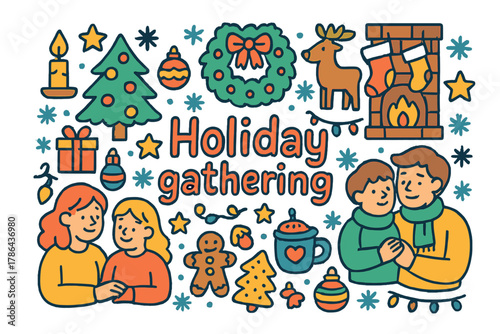 Festive Family Gathering. Holiday gathering. Hand-drawn doodle illustration of Holiday gathering. Family