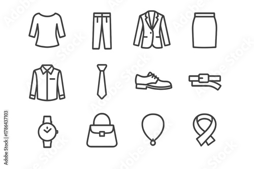 Work Attire Icons. Work attire essentials. Line outline icon set of work attire essentials: blouse, trousers,