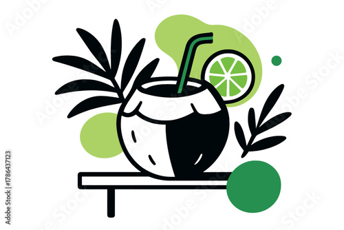 Tropical Coconut Drink. Exotic hydration. A coconut drink with a straw and slice of lime perched on a minimal