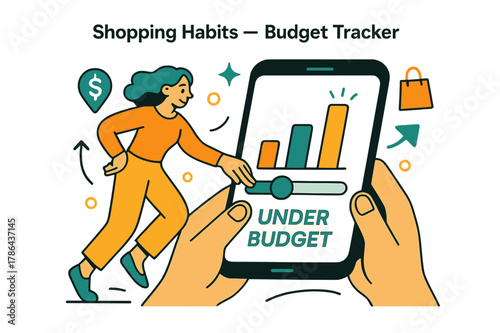 Dynamic Budget Tracking. Shopping Habits ? Budget Tracker. Hands adjust a tidy slider on a phone; bars rise and settle with a soft glow. Caption ?under budget?