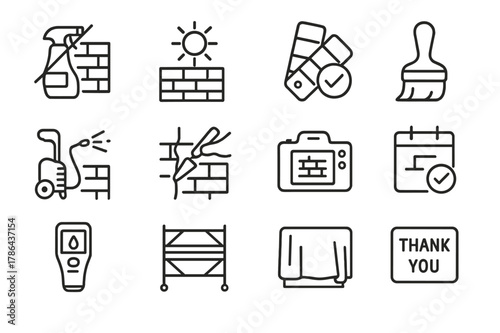 Mural Conservation Icons. Mural Care and Conservation. Line icon set of Mural Care and Conservation: anti graffiti coating, UV protection sun, color swatch