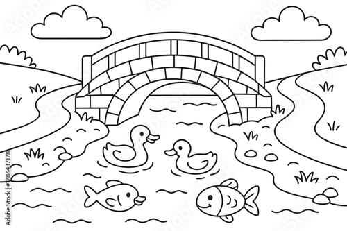 Kids' Coloring Bridge Scene. River bridge embankment children?s coloring book illustration, outlined drawing, a small arched bridge connecting two walkways