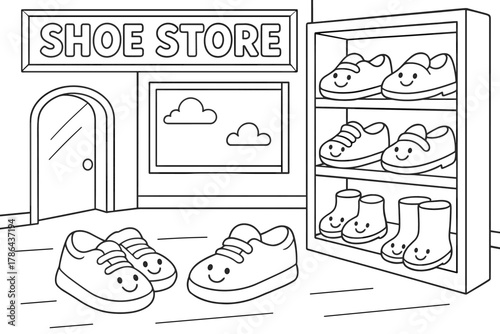 Smiling Shoe Store. Shoe store children?s coloring book illustration, outlined drawing, cartoon shop with