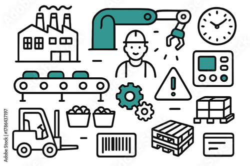 Industrial Assembly Cartoon. // Factory assembly. Hand-drawn doodle illustration Factory assembly [factory building front, assembly line (accented), conveyor