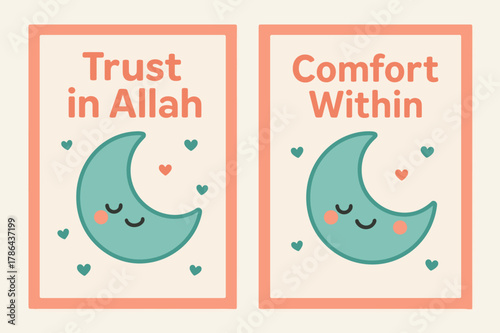 Tawakkul Peace Banners. Tawakkul Peace. Two vertical A6 banners with safe margins, centered composition, no elements touching edges, kawaii, coral and teal,