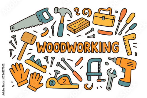 Woodworking Tools Doodle. Woodworking. Hand-drawn doodle illustration of woodworking. Saw, hammer, chisel,