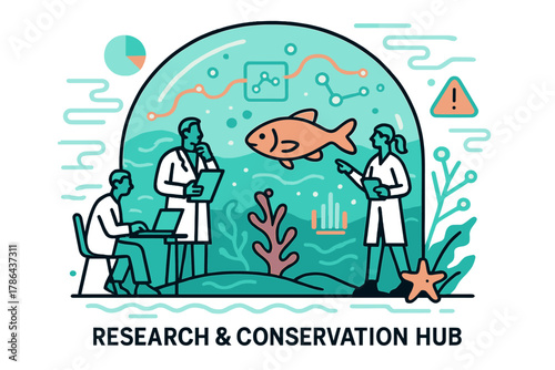 Marine Research Hub. Research and Conservation Hub. Scientists inside a glass dome study marine life; glowing