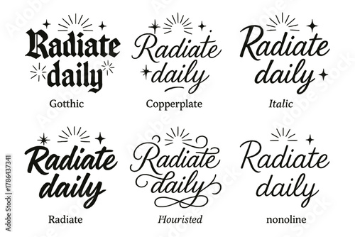 Radiate Daily Calligraphy. Radiate daily. Create a calligraphy lettering illustration of the phrase: Radiate