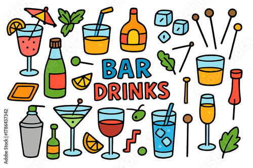 Colorful Bar Icons. bar drinks. Colorful Hand-drawn doodle Children illustration bar drinks cocktail glass, wine glass, martini, whiskey glass, champagne