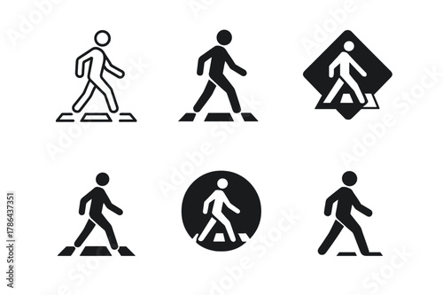 Pedestrian Icons Grid. Traffic Rule Infographic. Set Logo of Pedestrian Crossing Icon: Minimal outline, Filled silhouette, Abstract geometric, Negative space,