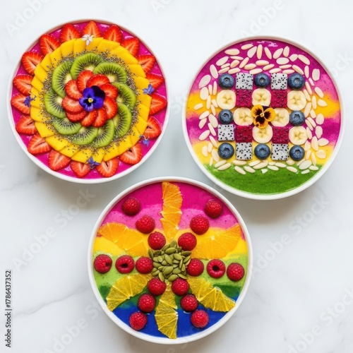 Three Vibrant Smoothie Bowls Artfully Decorated with Fresh Fruits.