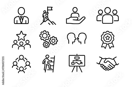 Leadership Icon Set. Leadership and Team Building. Line icon set of Leadership and Team Building: leader figure, mountain flag, coaching hand, training group,