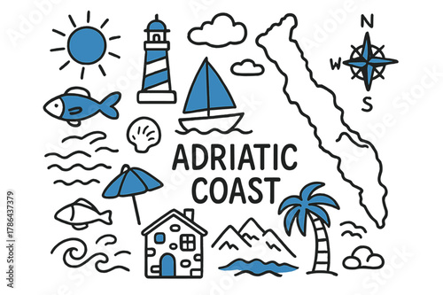 Adriatic Coast Doodle. // Adriatic coast. Hand-drawn doodle illustration Adriatic coast [coastal map (accented), sailboat (accented), lighthouse (accented),