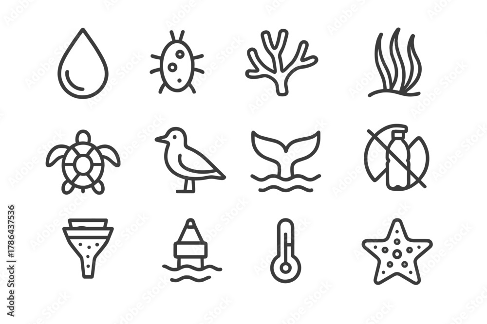 Fototapeta premium Ocean Health Icons. Ocean Health. Line icon set of Ocean Health: clean water droplet, plankton icon, coral branch, seagrass bed, sea turtle, seabird, whale